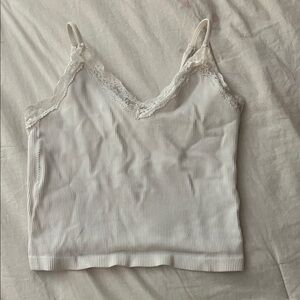 Lace Trim Ribbed Cami Tank Top - White